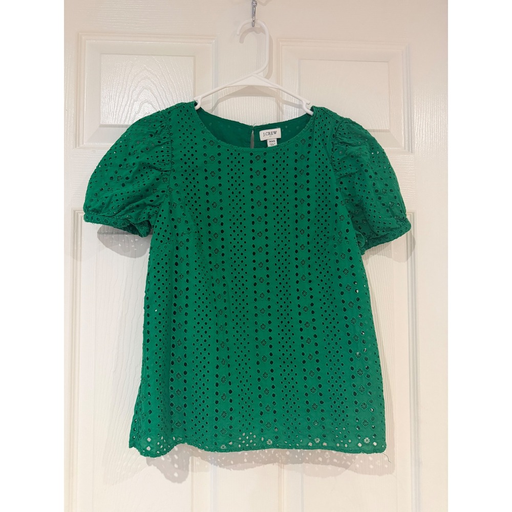 J. Crew Green Eyelet Puff Sleeve Top XXS Cotton Blouse Summer Picnic Cottagecore